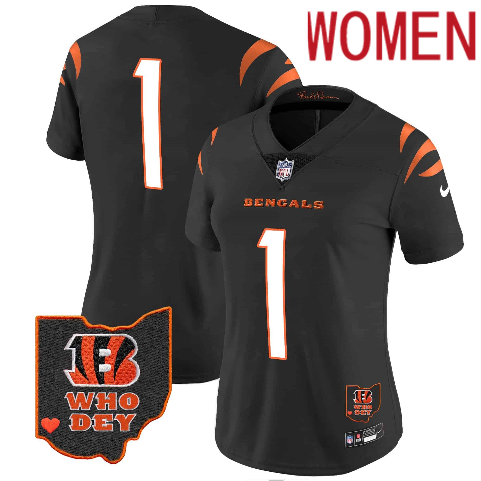 Women Cincinnati Bengals #1 Chase Black 2024 Nike Patch Vapor Limited NFL Jersey style 3